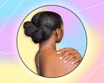 Picture of the back of a person’s curly hair updo on a graphic, pastel-colored background